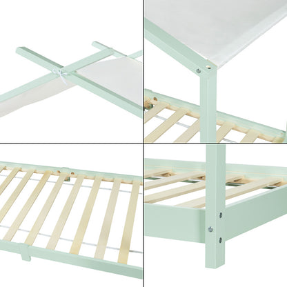Kinderbed Huisbed – Bedhuisje – Kids Bed – Speelbed – Jongensbed – Mintgroen – 90 x 200 cm – Massief Dennenhout – Afneembaar Stoffen Dak