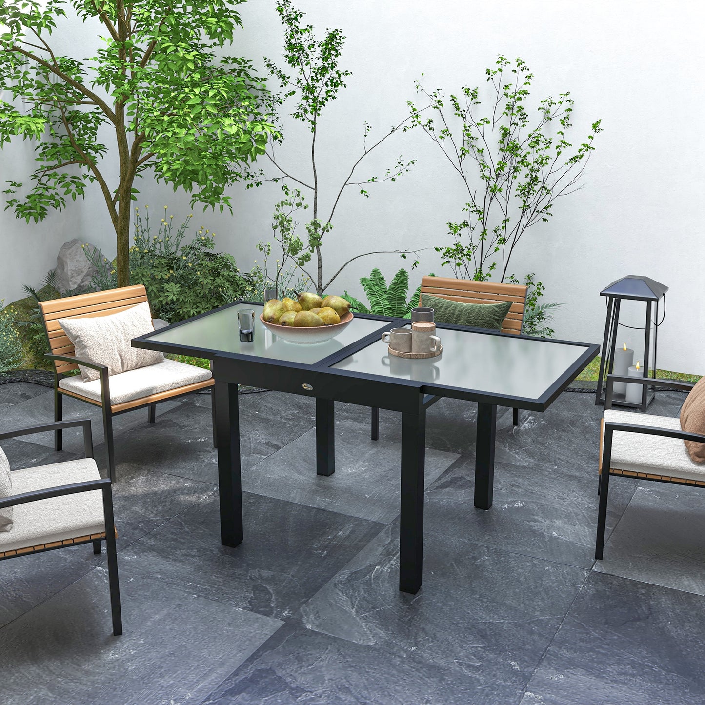 Tuintafel – Uitklapbare Tafel – Uitschuiftafel – Eettafel Buiten – Aluminium Tuinmeubel – Zwart Getemperd Glas – 160x80x75 cm – Weerbestendig Epoxy Frame