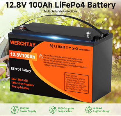 Lithium Accu – LiFePO4 Batterij – 12V 100Ah Accu – Oplaadbare Accu – Bootaccu – Lichtgewicht & Veilig – Smart BMS Bescherming