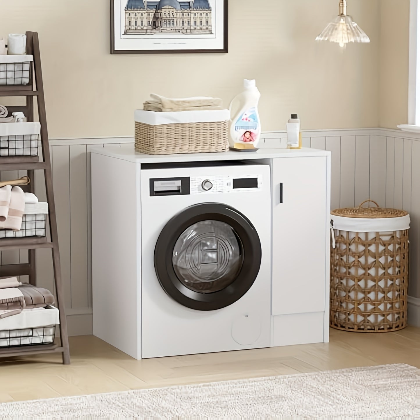 Wasmachinekast – Drogerkast – Wasdrogermeubel – Wasruimteopberger – Waskamerkast – Wit Houtdesign – 96x62x90 cm – Zijopbergruimte – Geluidsdempend