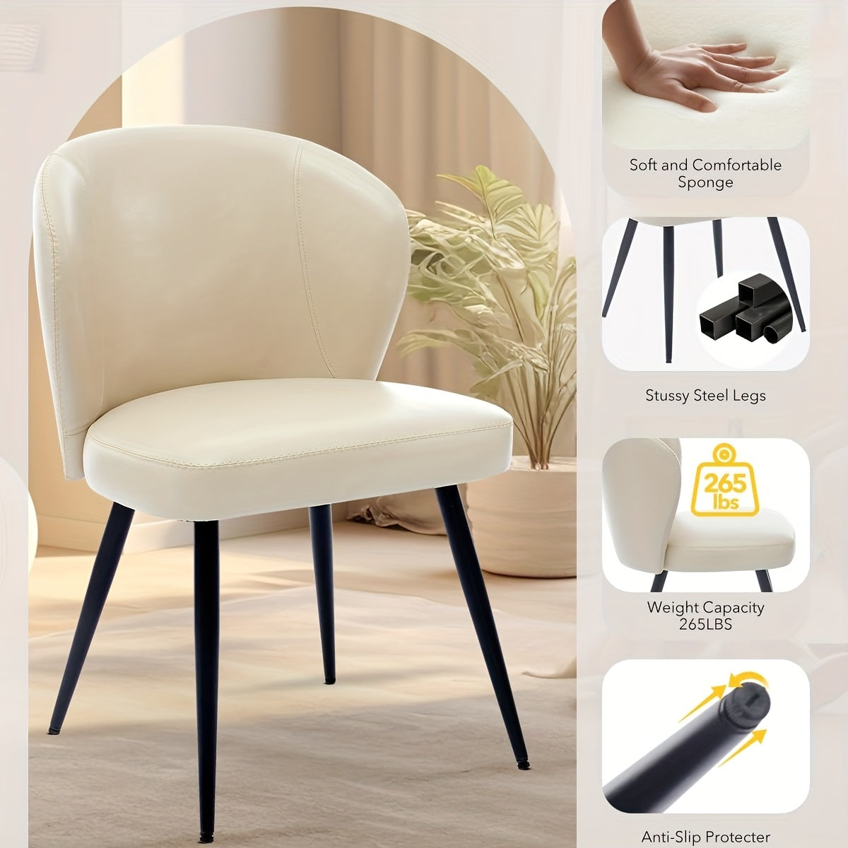 Eetkamerstoel – Stoel – Kuipstoel – Armstoel – Designstoel – Set van 2 – Beige – Synthetisch Leder – Ergonomisch Schuimzitvlak – Metaal Onderstel Met Hoge Draagkracht