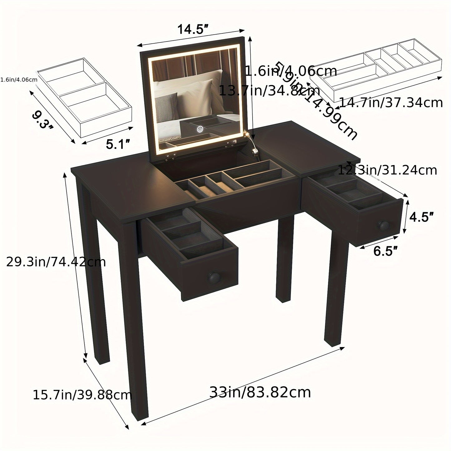 Make-up tafel – Kaptafel – Schminktafel – Vanity – Make-up bureau – Zwart hout – Ingebouwde Spiegel – Met lades