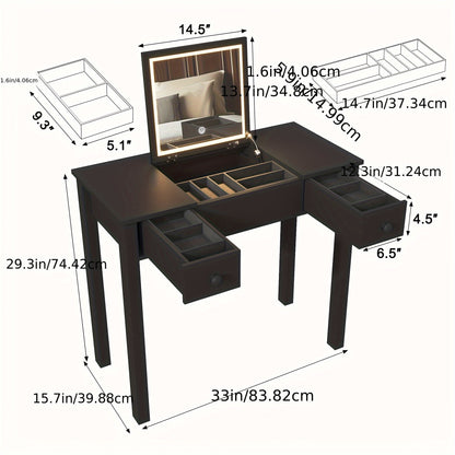 Make-up tafel – Kaptafel – Schminktafel – Vanity – Make-up bureau – Zwart hout – Ingebouwde Spiegel – Met lades