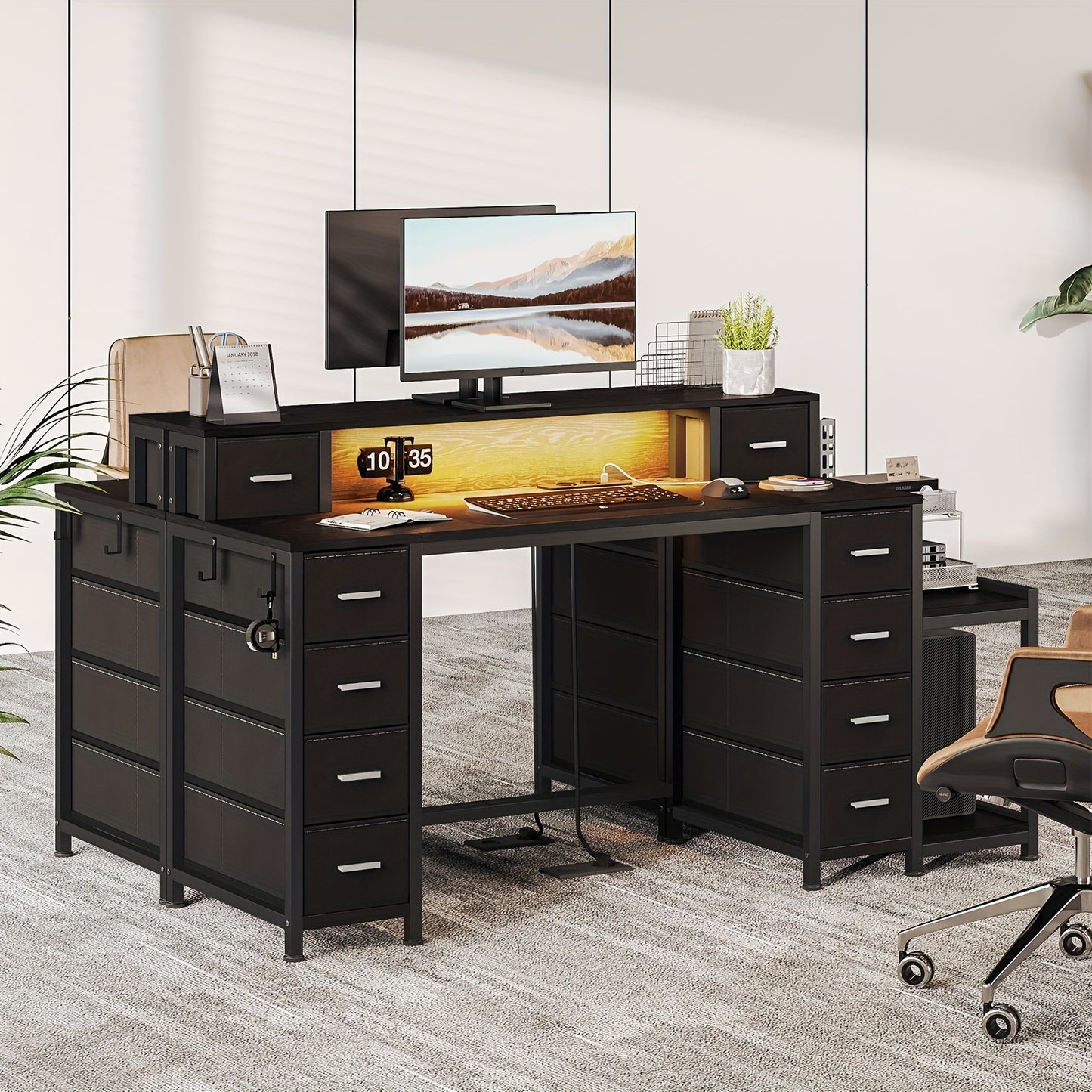 Computertafel – Bureau – Computerbureau – Bureautafel – Gaming Desk – 156x48 cm – RGB LED Verlichting – 10 Stoffen Lades en Monitorstandaard