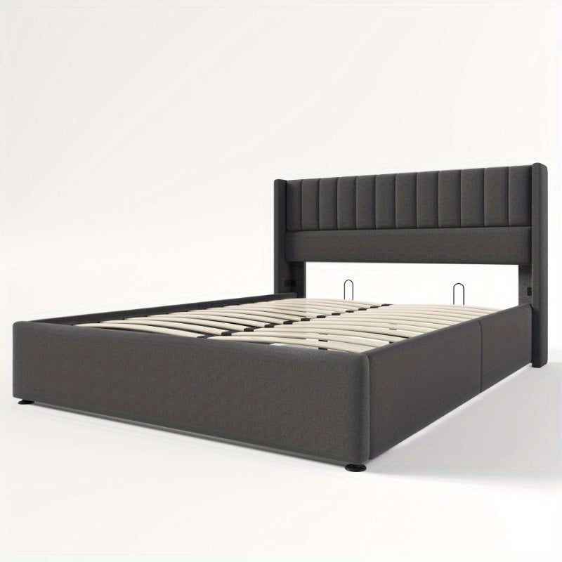 Tweepersoonsbed – 2-Persoonsbed – Bedframe – Bed – Slaapbed – Verstelbare Hoogte – Dubbele Laag Opbergruimte – 140x200 cm – Grijze Linnen Bekleding
