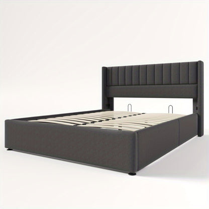 Tweepersoonsbed – 2-Persoonsbed – Bedframe – Bed – Slaapbed – Verstelbare Hoogte – Dubbele Laag Opbergruimte – 140x200 cm – Grijze Linnen Bekleding
