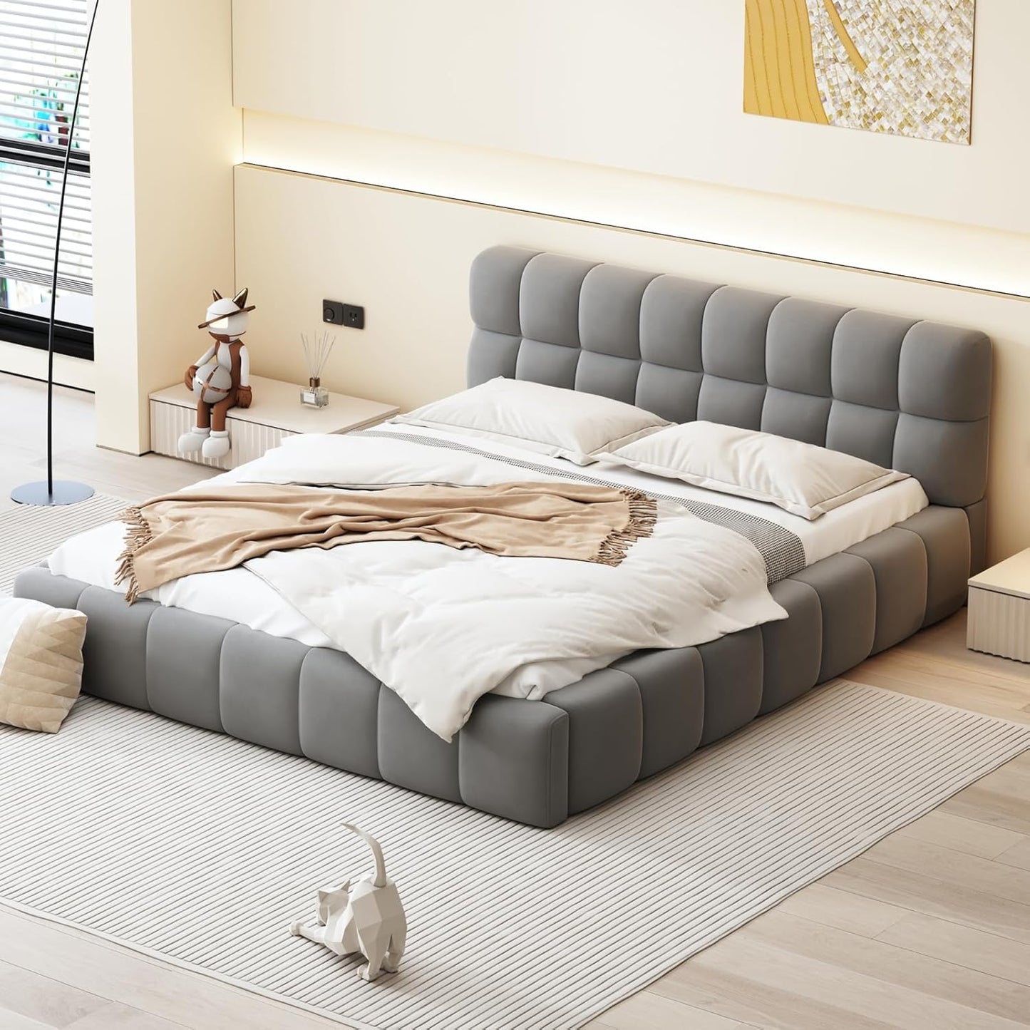 Tweepersoonsbed – Gestoffeerd Bed – Bedframe – Slaapbank – Boxspring – 140x190 cm – Ademend Linnen Stof – Comfortabel Hoofdbord
