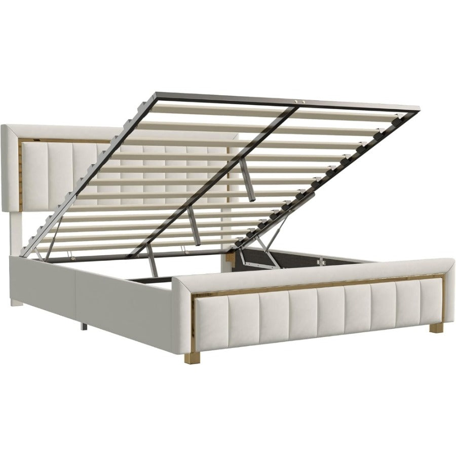 Fluwelen Bed – Bedframe – Opbergbed – Boxspringbed – Slaapbed – Beige Velvet – 160x200 cm – Hydraulische Opbergruimte – Stevige Houten Latten