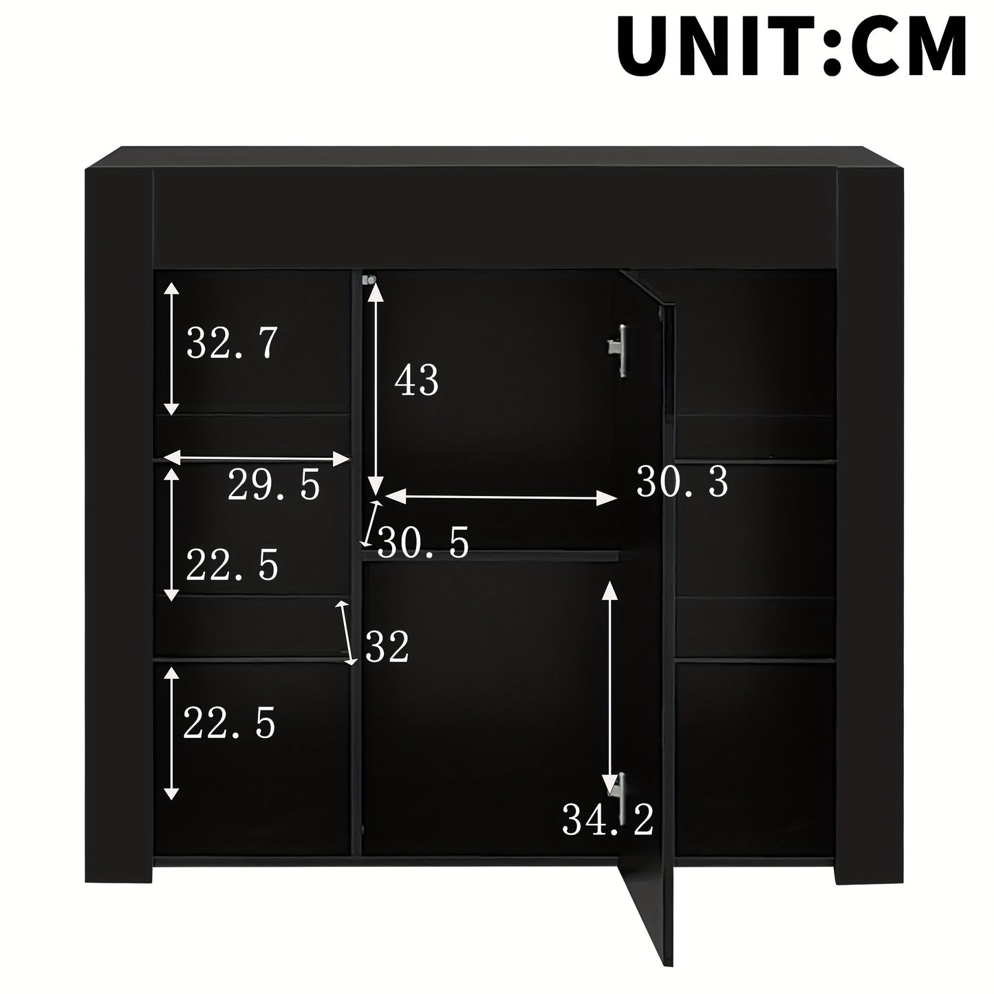 Modern Black Metal Sideboard with Glass Shelves & Doors - High-Gloss Compact Storage Cabinet, Space-Saving Contemporary Furniture for Living Room, Dining Room, Kitchen - 95x35x83cm, Durable Metal Construction & Glass Doors, A