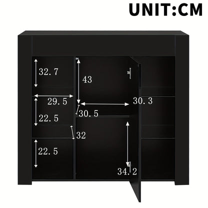 Modern Black Metal Sideboard with Glass Shelves & Doors - High-Gloss Compact Storage Cabinet, Space-Saving Contemporary Furniture for Living Room, Dining Room, Kitchen - 95x35x83cm, Durable Metal Construction & Glass Doors, A