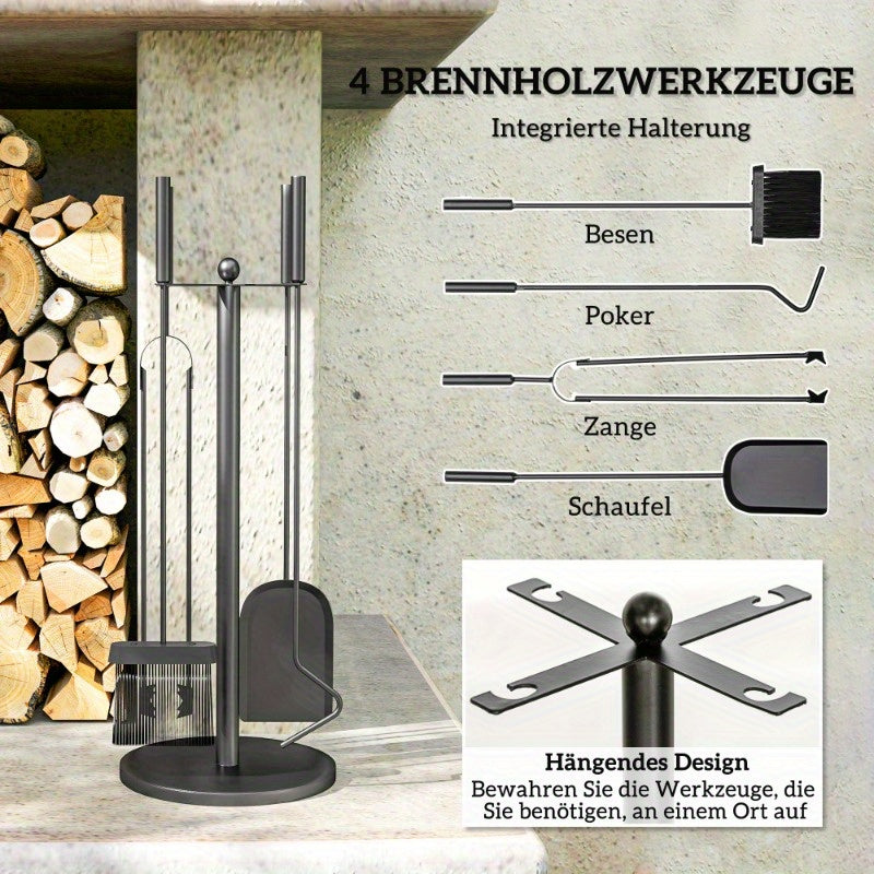 Open Haard Gereedschap Set – Haard Accessoires – Haardborstel – Haardkrabber – Haard Tang – Robuust Metaal – Elegant Gebogen Design