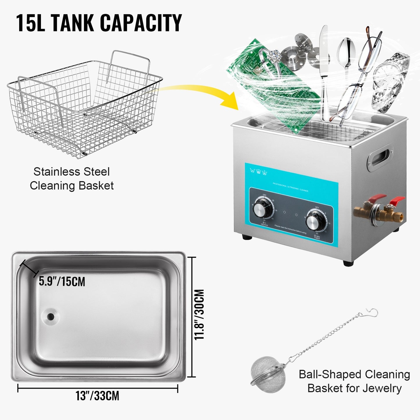 Ultrasoonreiniger – Ultrasone Reiniger – Ultrasoon Reinigingsapparaat – Brillenbad – Reinigingsmachine – 15L RVS Tank – Instelbare Verwarming 20-80°C