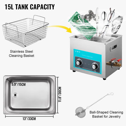 Ultrasoonreiniger – Ultrasone Reiniger – Ultrasoon Reinigingsapparaat – Brillenbad – Reinigingsmachine – 15L RVS Tank – Instelbare Verwarming 20-80°C
