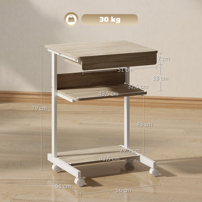 Rollend Bureau – Mobiel Bureau – Compact Bureau – Werkplek met Lade – Opbergrekken – Variant Eiken – Stevig Spaanplaat en Metaal – 4 Draaibare Wieltjes met Rem