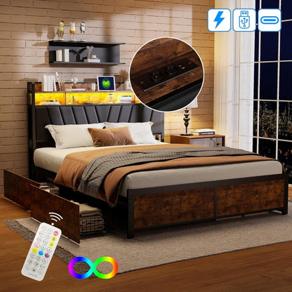 Tweepersoonsbed – Bed – Slaapbed – Opbergbed – Led-bed – 160x200 cm – 4 Ruime Lades – Ingebouwde LED-verlichting