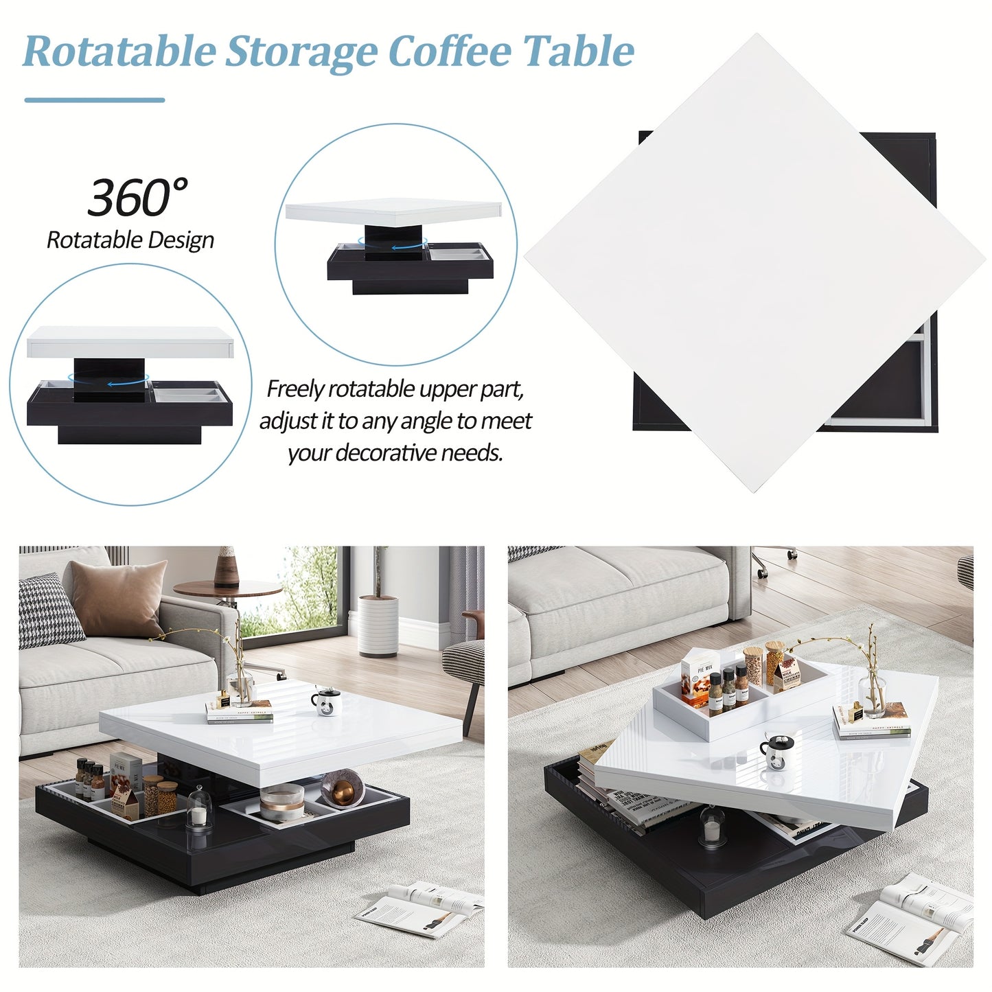 Salontafel – Woonkamertafel – Koffietafel – Bijzettafel – Draaibare Tafel – Hoogglans Wit – Zwart Frame – 360° Draaibaar – 2-Niveaus Opbergruimte 70x70x36 cm
