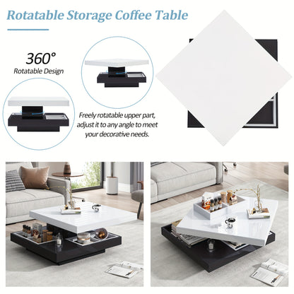 Salontafel – Woonkamertafel – Koffietafel – Bijzettafel – Draaibare Tafel – Hoogglans Wit – Zwart Frame – 360° Draaibaar – 2-Niveaus Opbergruimte 70x70x36 cm