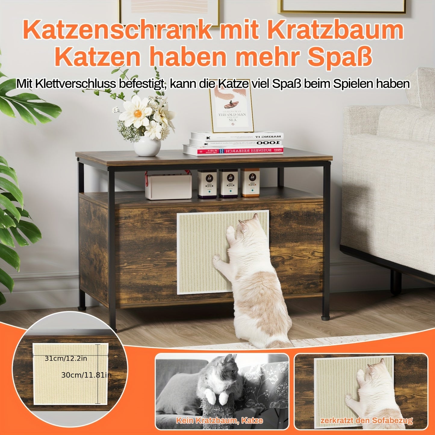Kattenbakmeubel – Kattenkast – Kattenbak Kast – Kattenhuis – Kattenbak Ombouw – Tijgerhout Kleur – Extra Groot 80x50x59 cm – Inclusief Krabmat