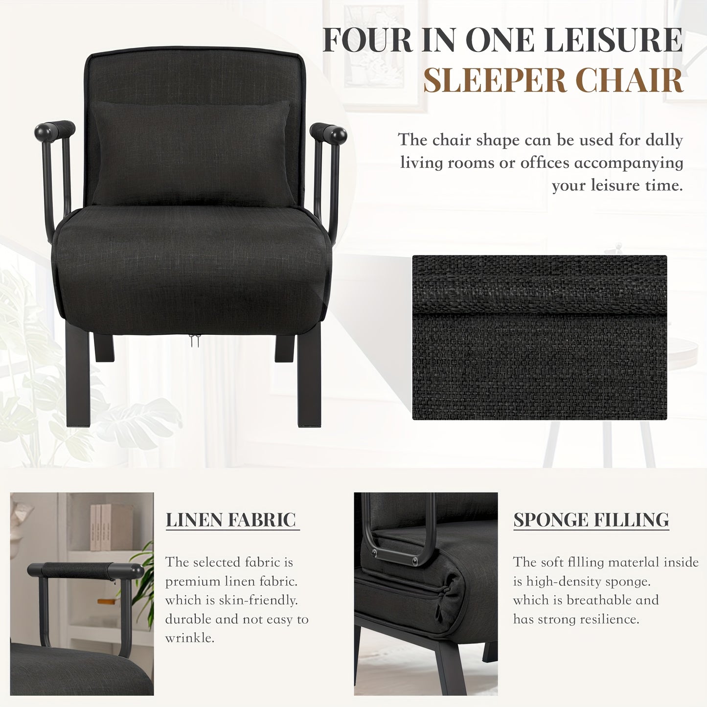Fauteuilbed – Slaapfauteuil – Relaxstoel – Ligstoel – Logeerbed – Met Memory Foam – Stevig Metalen Frame 150 kg Belastbaar