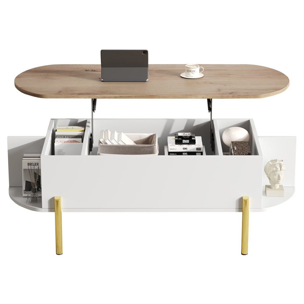 Salontafel – Koffietafel – Bijzettafel – Woonkamertafel – Verstelbare Tafel – Verstelbaar Hoogte – Uitbreidbaar Tafelblad – 7 Opbergrekken – Wit/Geel Metalen Frame