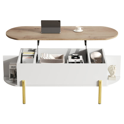 Salontafel – Koffietafel – Bijzettafel – Woonkamertafel – Verstelbare Tafel – Verstelbaar Hoogte – Uitbreidbaar Tafelblad – 7 Opbergrekken – Wit/Geel Metalen Frame