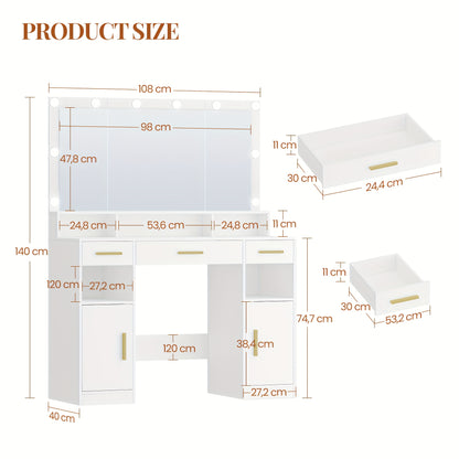 Kaptafel – Make-uptafel – Dressing Table – Sieradentafeltje – Toilettafel – Grote Spiegel – Veel Opbergruimte – Wit – 108x40x140 cm – 3 Lades – 2 Kastjes – 5 Open Vakken