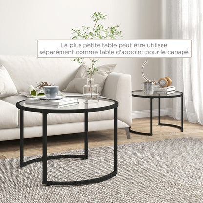 Bijzettafels – Salontafels – Sidetables – Nachtkastjes – Banktafels – Set van 2 Ronde Tafels – Geharde Glazen Tafelbladen – Zwart Carbonstaal Frame