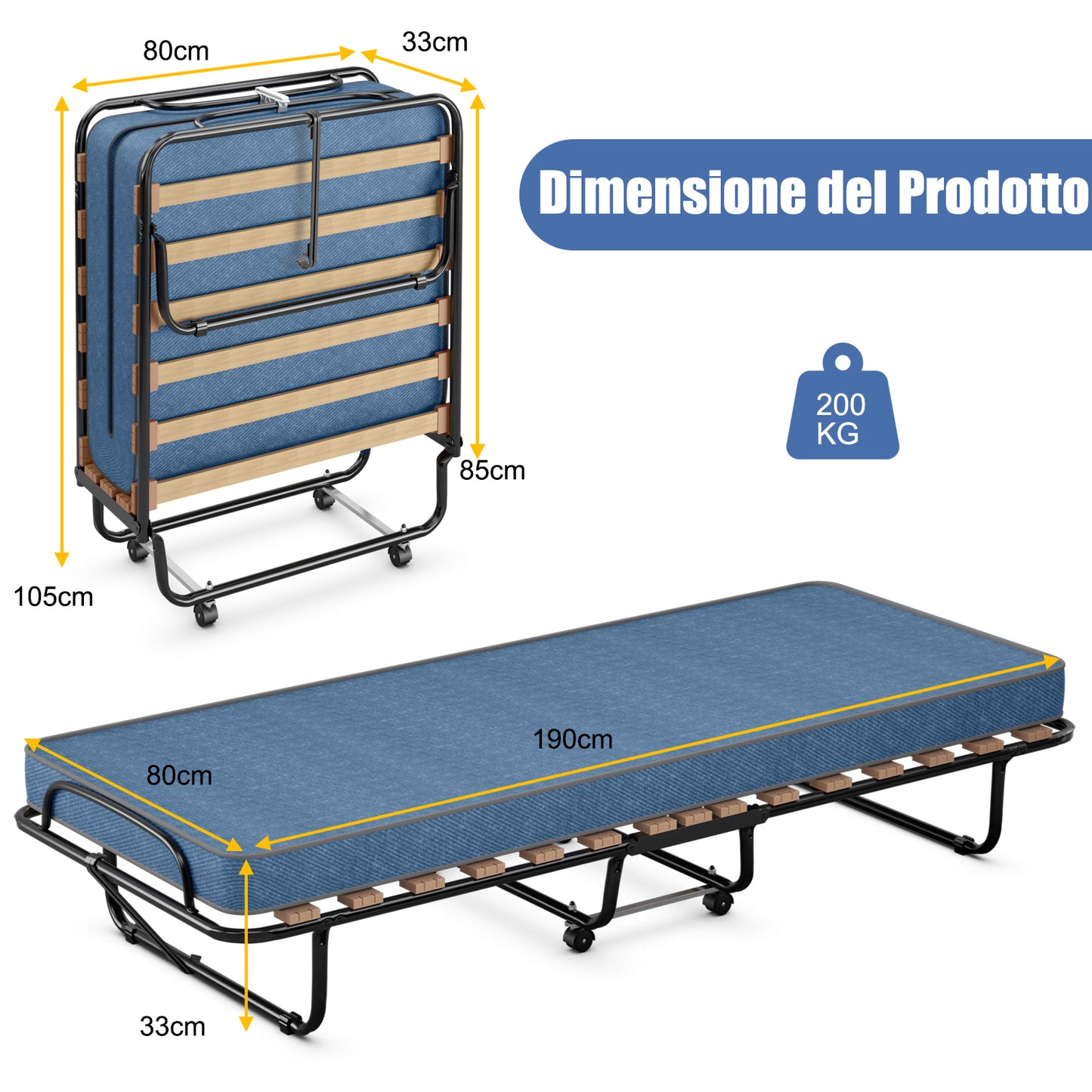 Opvouwbaar Campingbed – Extra Bed – Logeerbed – Veldbed – Slaapbed – Memory Foam Matras 6,5 cm – Draagvermogen 136 kg – Blauw