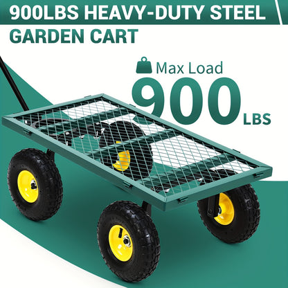 Heavy-Duty Steel Garden Cart with 180° Rotating Handle, Removable Sides & All-Terrain Large All-Terrain Tires - Sturdy Steel Frame, Green & Design, Large Capacity Utility Wagon for Yard, Farm, Beach, Lawn Care, Construction