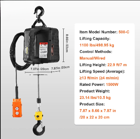 Kettingtakel - Elektrische Kettingtakel - Katrol - Katrol - 1100lbs - 1500W - Elektrische Takellier - 2-in-1 Draagbare Elektrische Lierkraan met Draadloze Afstandsbediening - voor Overbelastingsbeveiliging