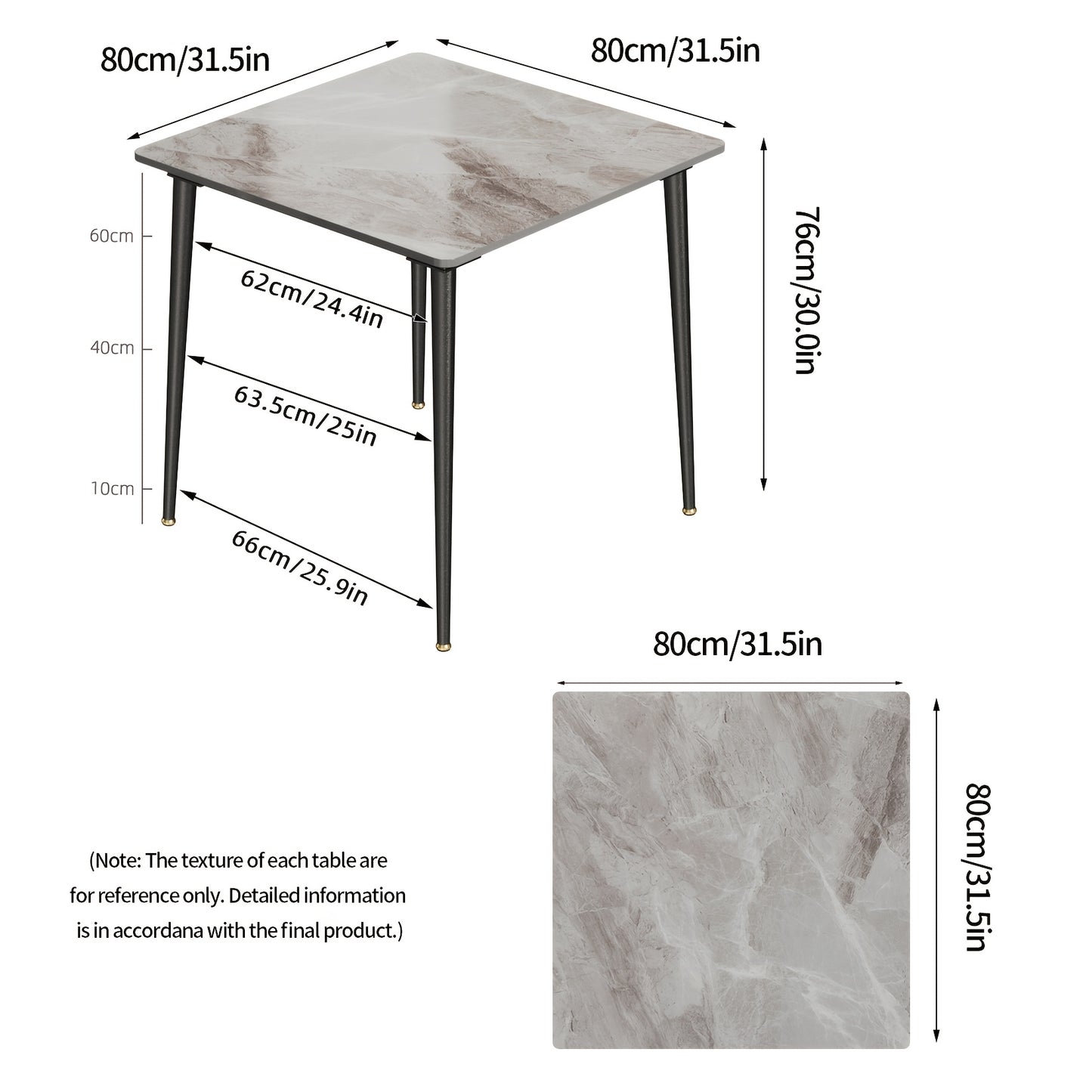 Compacte Eettafel – Kleine Keukentafel – Marmeren Tafel – Eettafel 2 Personen – Woonkamertafel – Zwart Metalen Poten – Krasbestendig Marmerblad – 80x80 cm