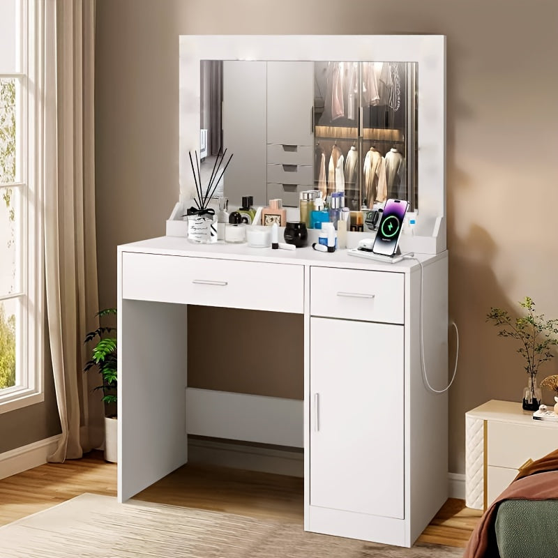 Makeuptafel – Kaptafel – Make-up Tafel – Schoonheidstafel – Cosmeticatafel – Zwart – Grote Spiegel – 2 Laden & Kast – Stevige Constructie