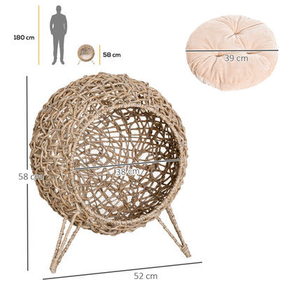 Kattenmand – Kattenbed – Kattenhuis – Kattenkussen – Kattenhol – Beige Kleur – Ø 52 x 58 cm – Duurzaam Imitatie Rattan Resin