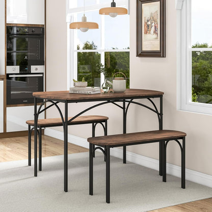 Eettafelset – Eethoek – Keukentafel – Tafel Met Banken – Industriële Tafelset – Vintage Bruin – Metalen Frame – Ruime Zitplaats Voor 4 Personen