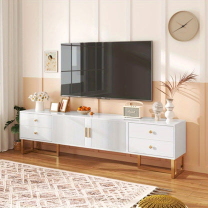 Low TV Cabinet with Structured Door TV Furniture with Drawers Golden Handles and Golden Feet