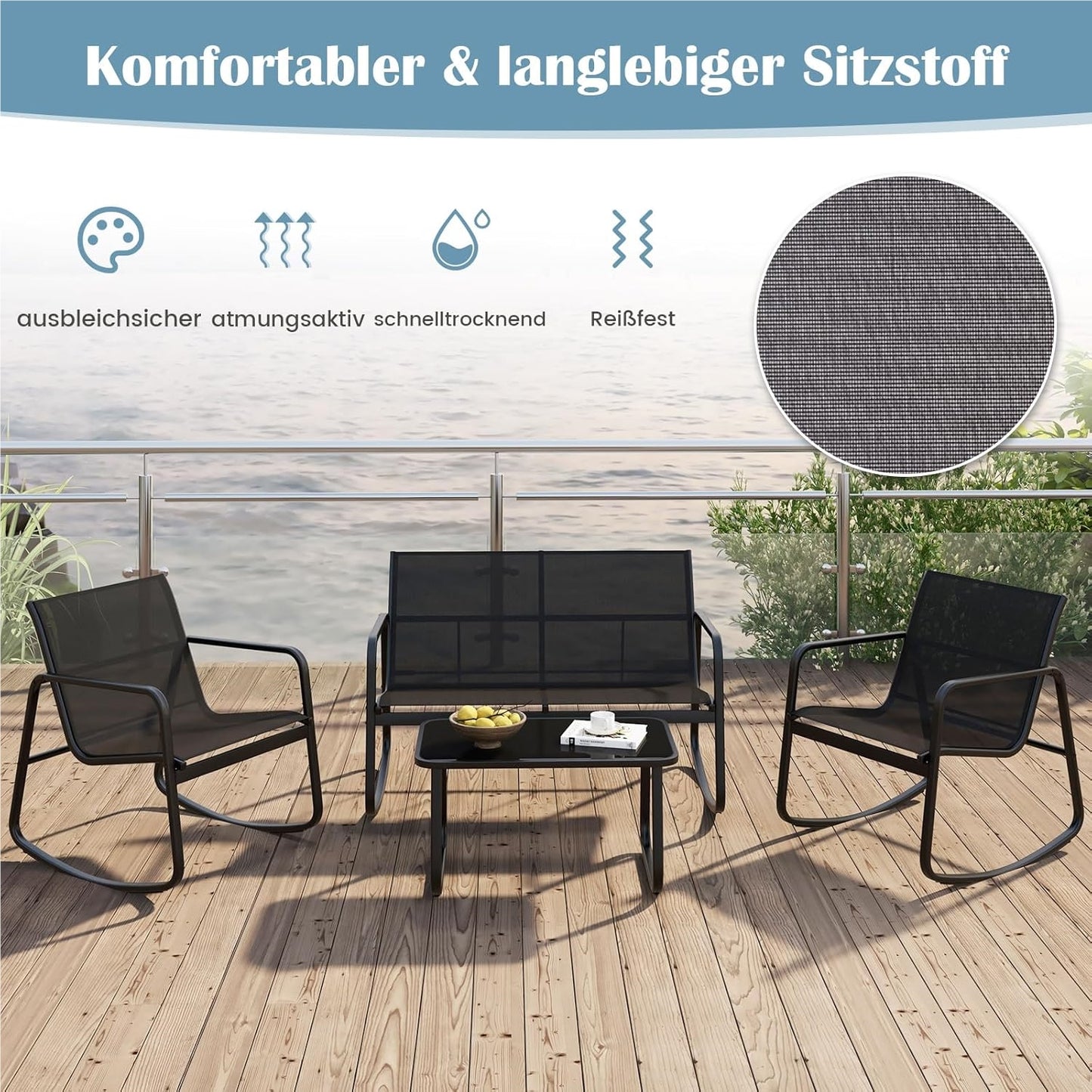 Tuinmeubelset – Tuinset – Loungeset – Balkonset – Terrasmeubilair – 4-Delige Zwart Met Rocking Stoelen – Met Veilig Schommelmechanisme en Versterkt Metaalframe