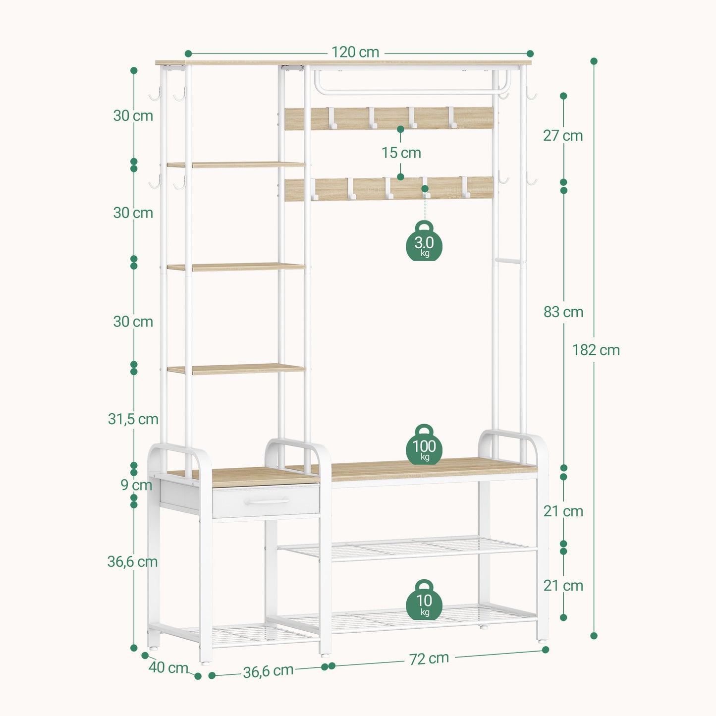 Kapstok – Kledingrek – Schoenenrek – Garderobe – Halmeubel – 5-in-1 Multifunctioneel – 17 Haken & 3-Vaks Schoenenbank – Golden Oak Wit