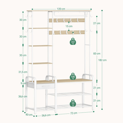 Kapstok – Kledingrek – Schoenenrek – Garderobe – Halmeubel – 5-in-1 Multifunctioneel – 17 Haken & 3-Vaks Schoenenbank – Golden Oak Wit