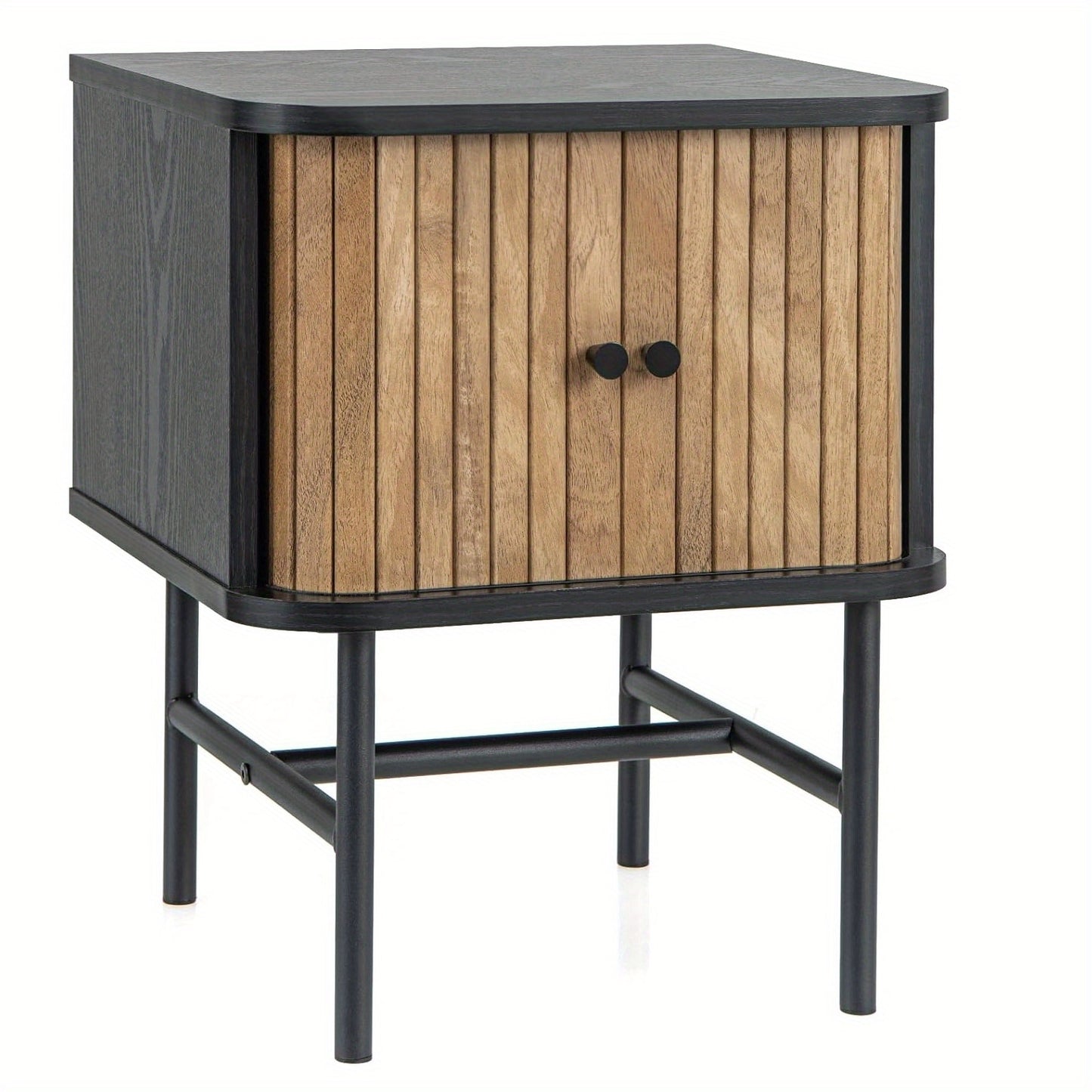 Nachtkastje – Bijzettafel – Ladekast – Nachtkastjes – Opbergkast – Zwart – Mid-Century Modern – Schuifdeuren – Compact Design – Hout en Metaal