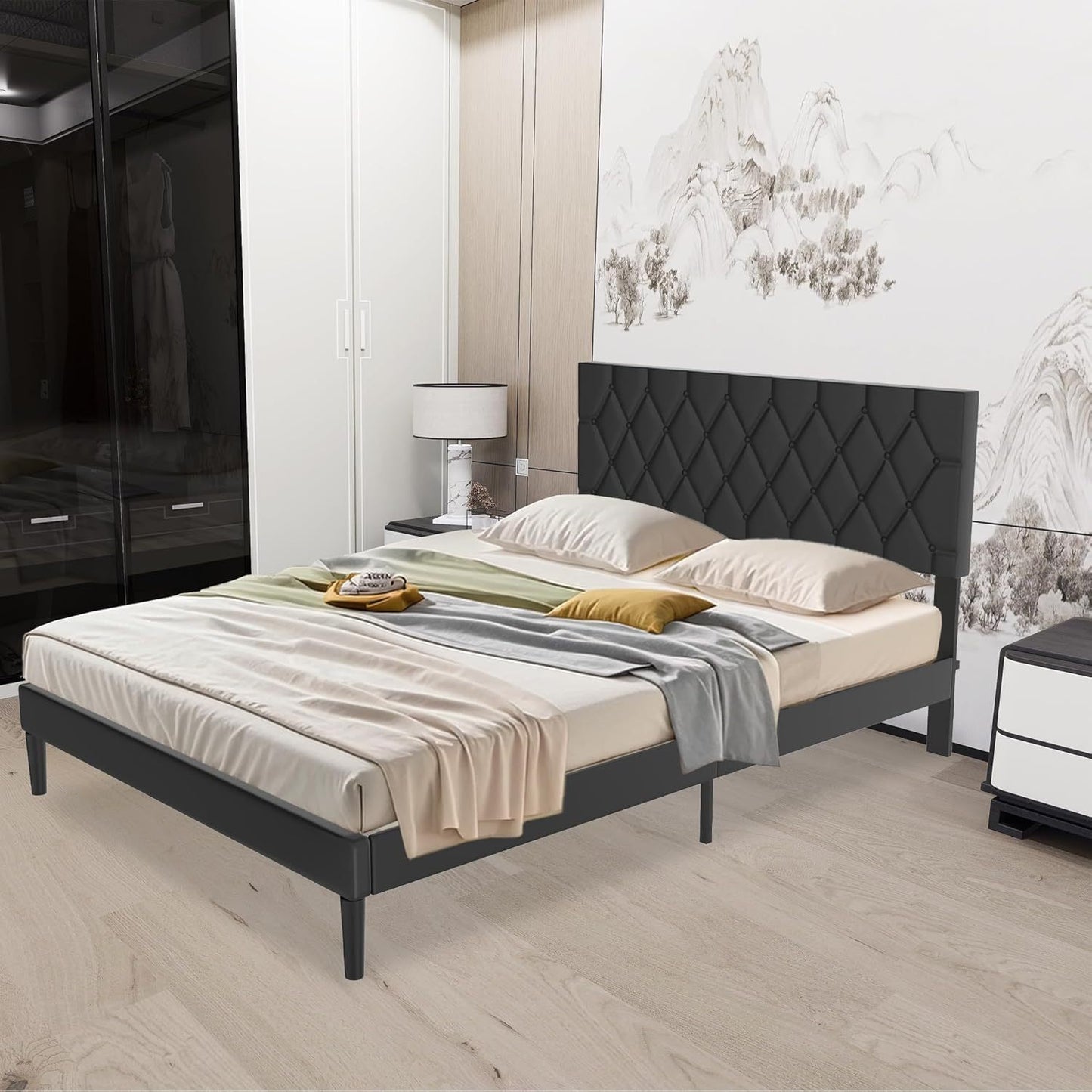 Bedframe – Eenpersoonsbed – Seniorenbed – Kinderbed – Logeerbed – Zwart Kunstleren Hoofdbord – Stevig Metalen Lattenbodem 90x200 cm