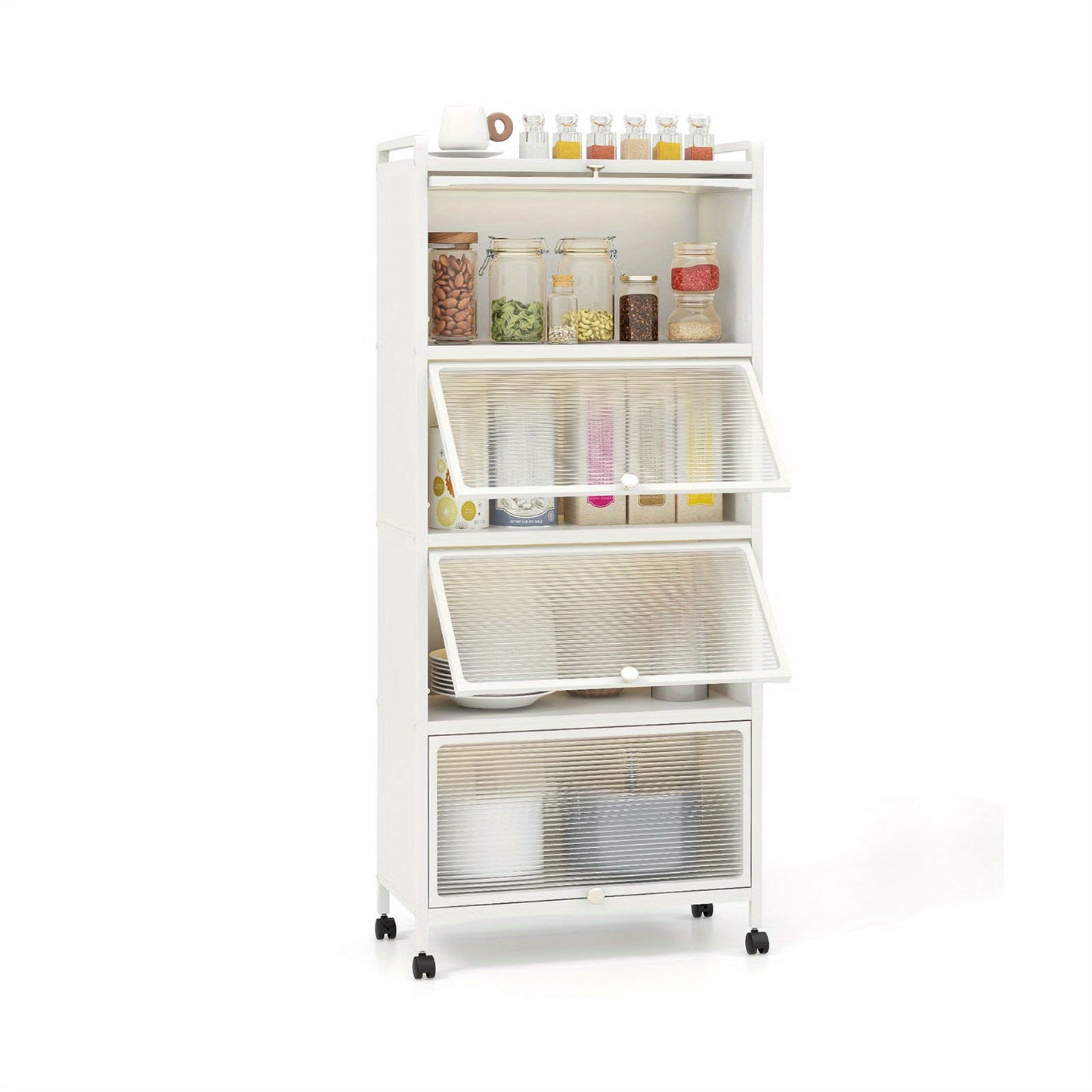 Opbergkast – Opbergrek – Keukenkast – Wandkast – Opbergmeubel – Verrijdbaar – 5 Lagen – Kunststof Wit – Schuifdeuren – 60x32x154 cm – Draagkracht 15 kg per plank