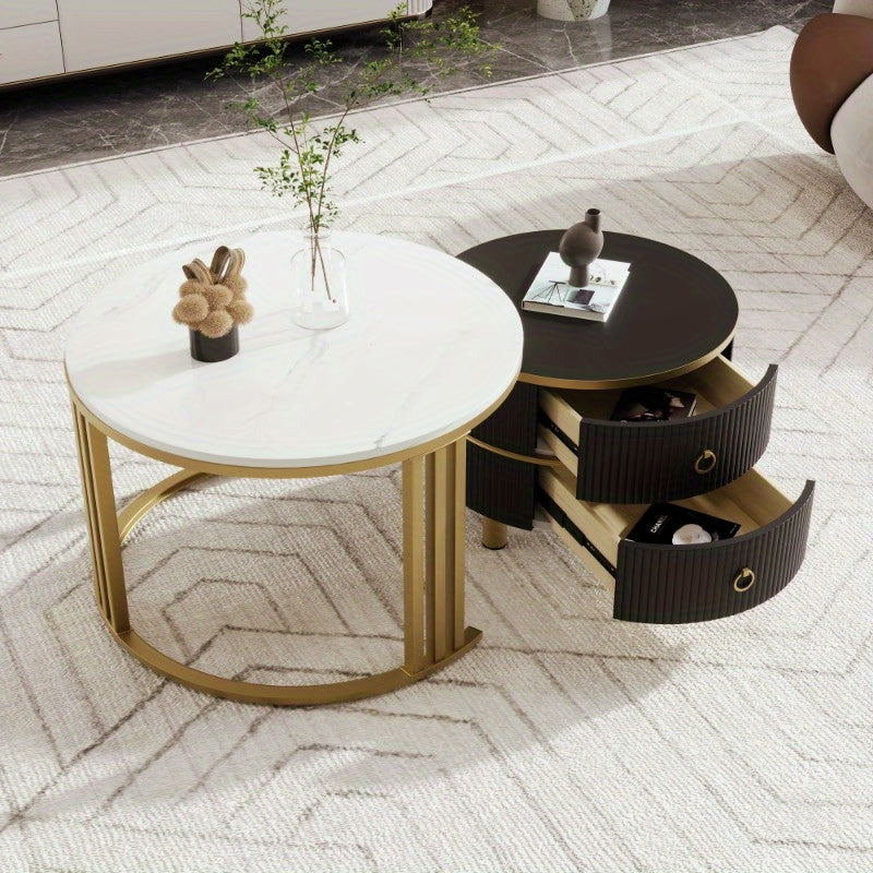 Salontafelset – Salontafel – Bijzettafel – Nesting Tafel – Koffietafel – Ronde Set – Glanzend Marmerlook Blad – 2 Opberglades – Modern Design – 70x70x46 cm & 50x50x40 cm