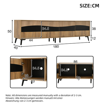 TV-meubel – TV-kast – TV-meubel woonkamer – Lowboard – Mediaconsol – Natuurlijke Houtkleur Met Zwarte Accenten – 180 cm Breed Met 4 Kasten En 30 kg Draagvermogen