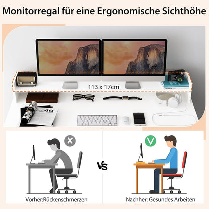 Bureaublad Met Monitorstandaard – Computerbureau – Werktafel – Bureau Met Boekenplank – Bureau Met Opslag – Stevig MDF Materiaal – Ergonomische Monitorverhoger – Wit