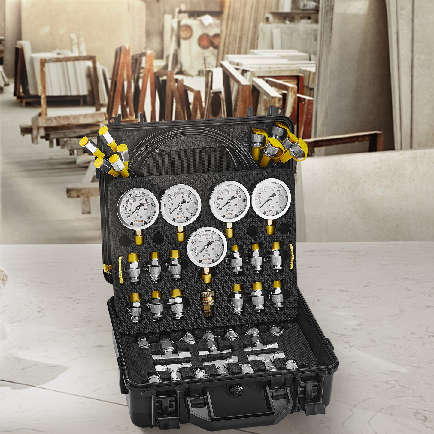 Hydraulische Druktang – Hydrauliek Meter – Drukmeter Set – Druktest Kit – Hydraulische Pressure Gauge – 5 Manometers 0-600 Bar – Roestvrij Stalen Meetinstrumenten – 13 Koppelingen Met 5 Testslangen