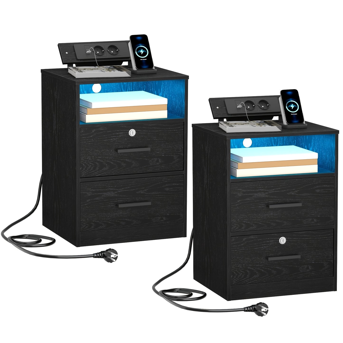 Bedside Table Set Of 2, 1 Open Compartment And 2 Drawers, For Bedroom, Living Room