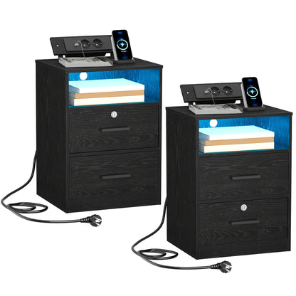 Bedside Table Set Of 2, 1 Open Compartment And 2 Drawers, For Bedroom, Living Room