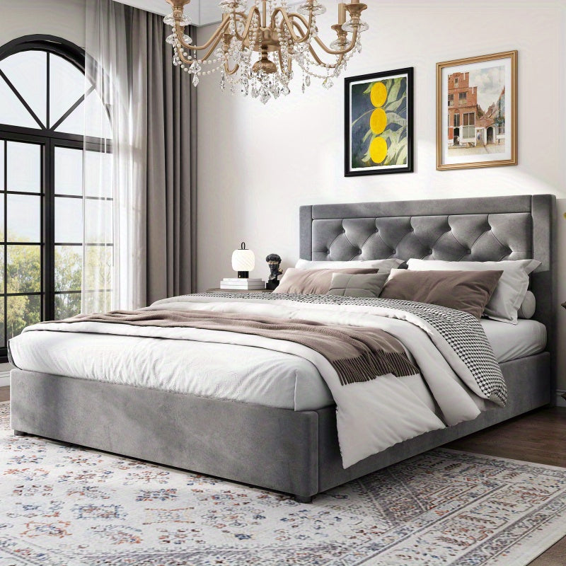 Tweepersoonsbed Chesterfield – Bed – Slaapbank – Logeerbed – Opbergbed – Grijs Velvet – Stalen Frame – Foam Hoofdbord – Opbergruimte Met Lifthendels 140x200 cm