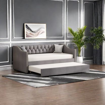 2-zits Slaapbank – Bedbank – Slaapbankje – Logeerbed – Bankbed – Grijs – King Size 90x200 cm – Duurzame Linnen Bekleding