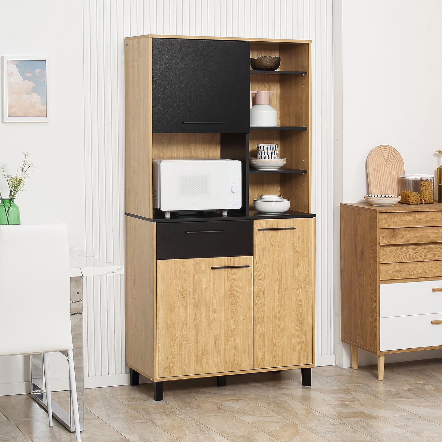 Keukenkast – Buffetkast – Opbergkast – Magnetronkast – Keukenbuffet – Modern Design – Verstelbare Planken – Anti-Kantel Systeem – 180 cm Hoog – Zwart/Naturel Hout